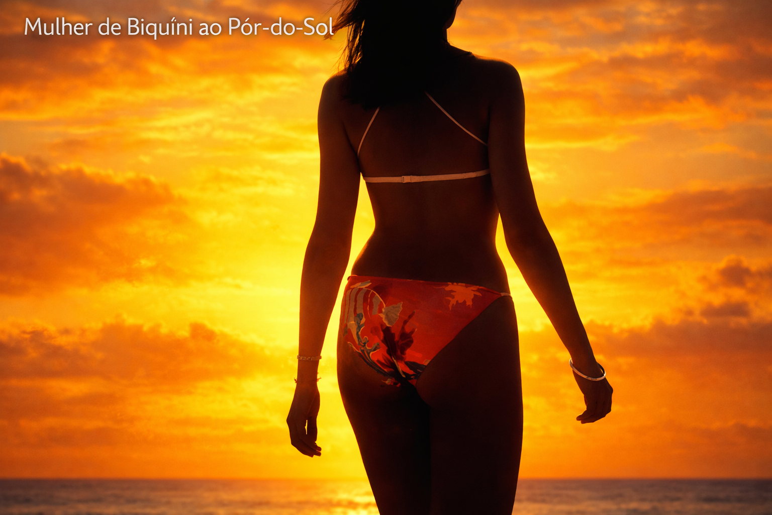 Mulher à beira-mar ao pôr-do-sol