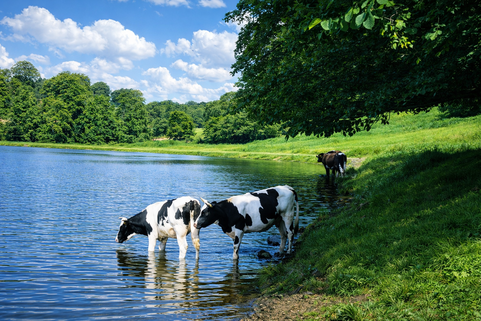 Gado Holstein à beira do lago
