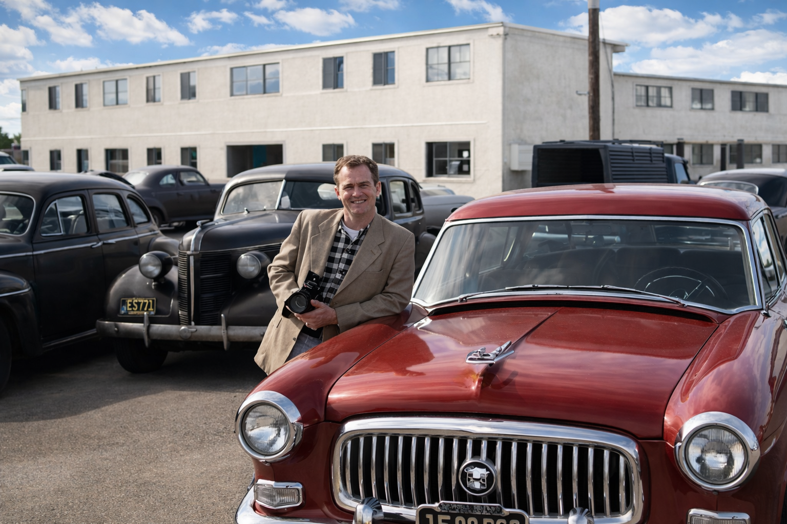Homem com câmera e carros clássicos