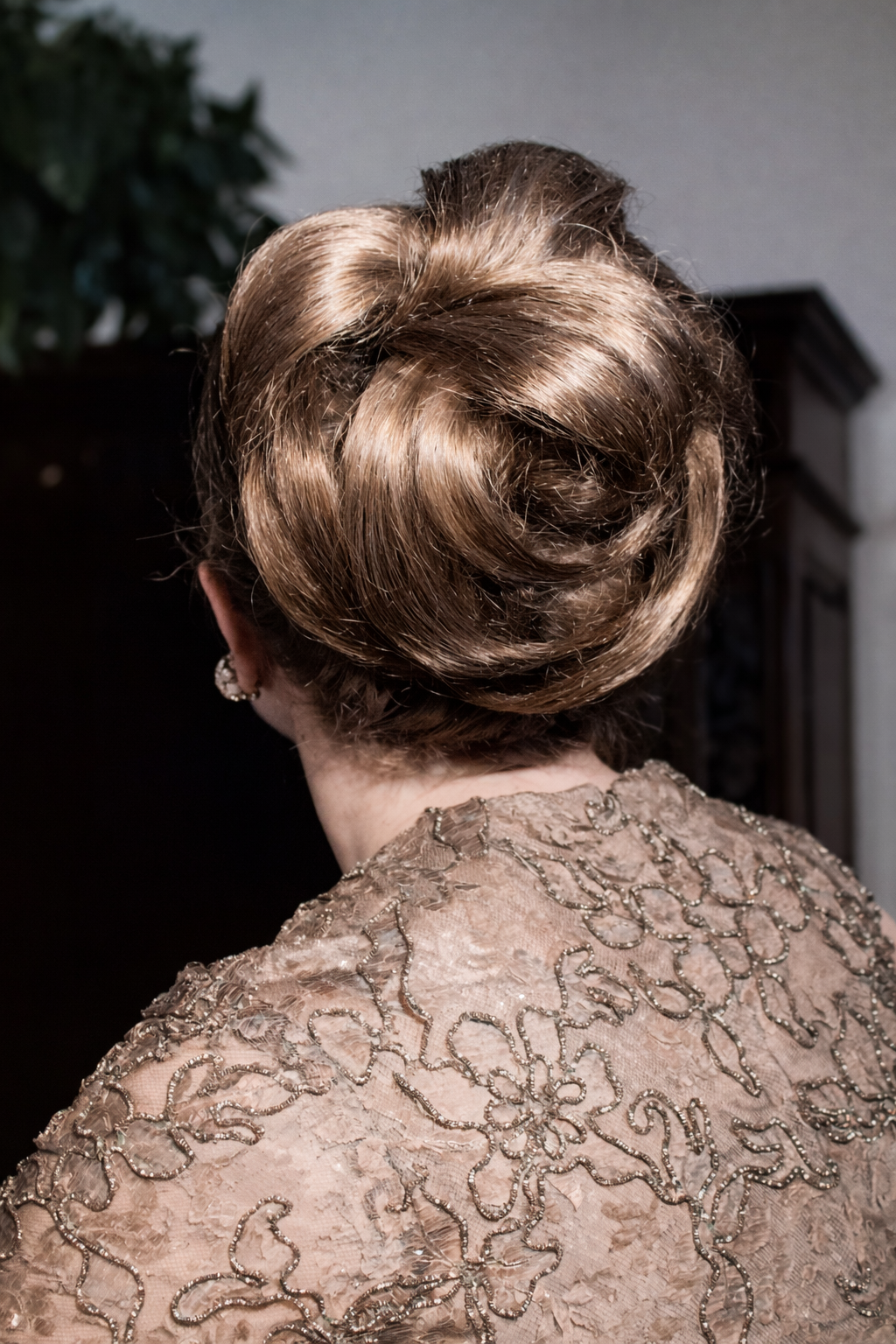 Cabelo elegante e vestido de renda