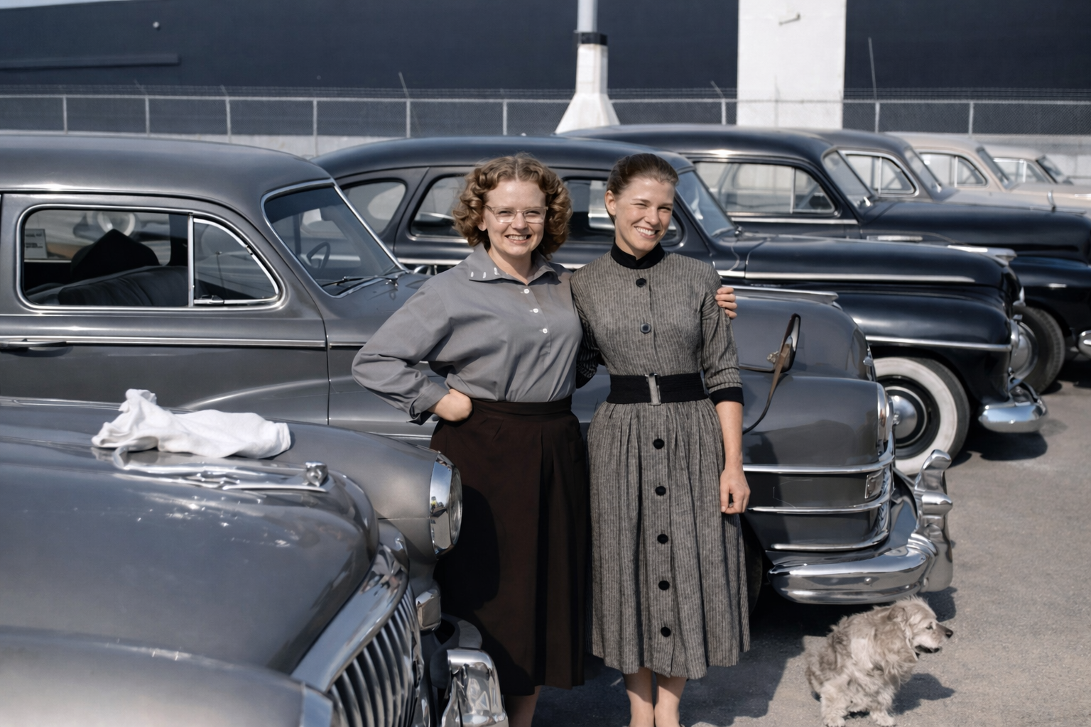 Mulheres e carros vintage num parque de estacionamento