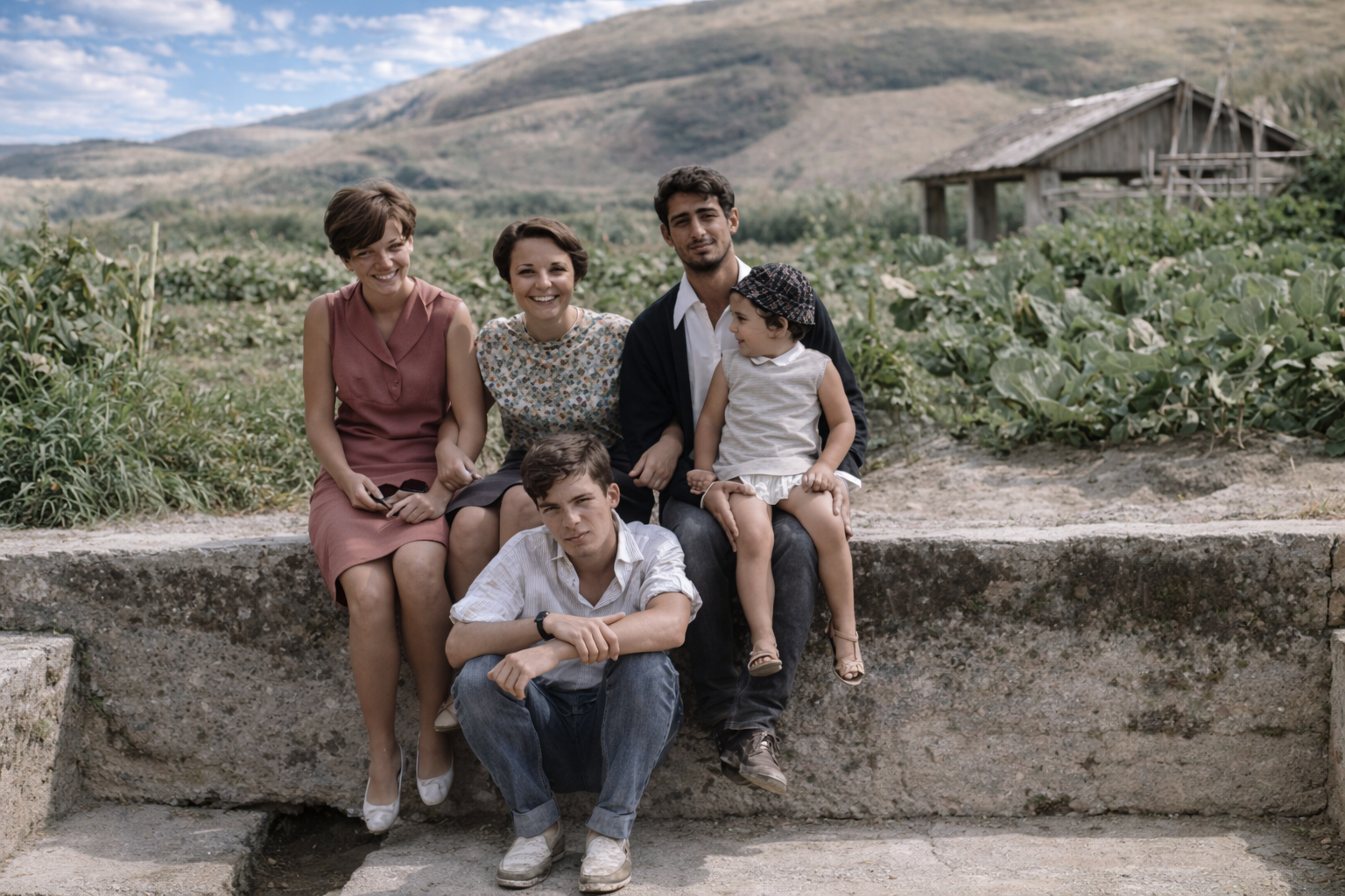 Grupo no muro de pedra rural
