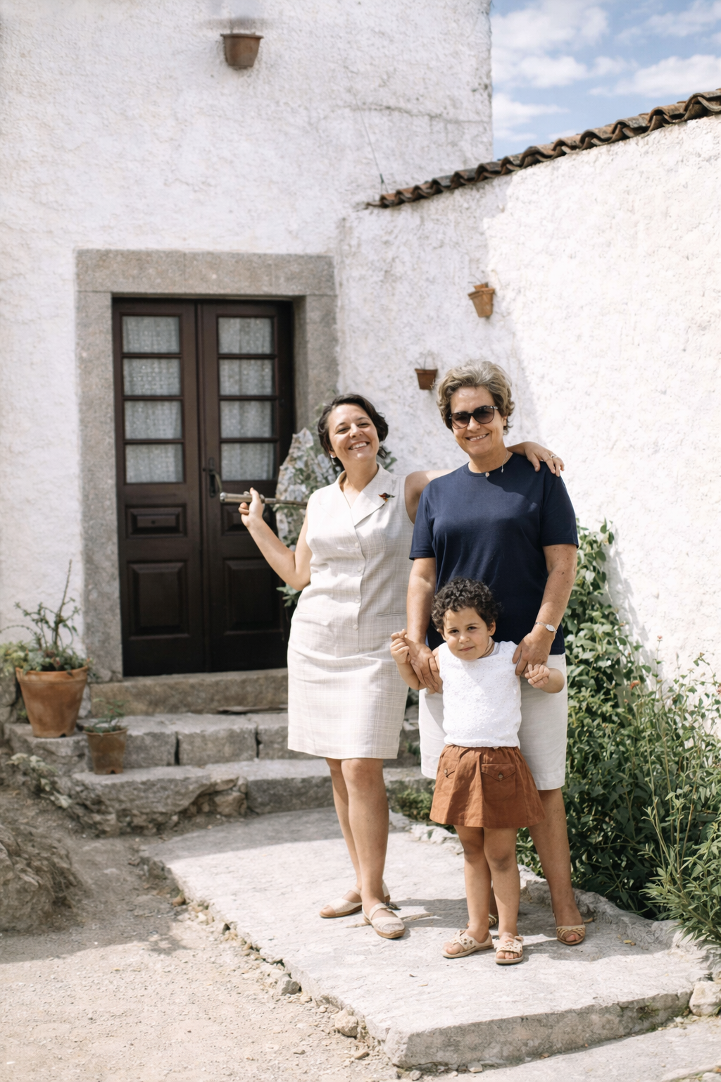 Família em frente à casa antiga