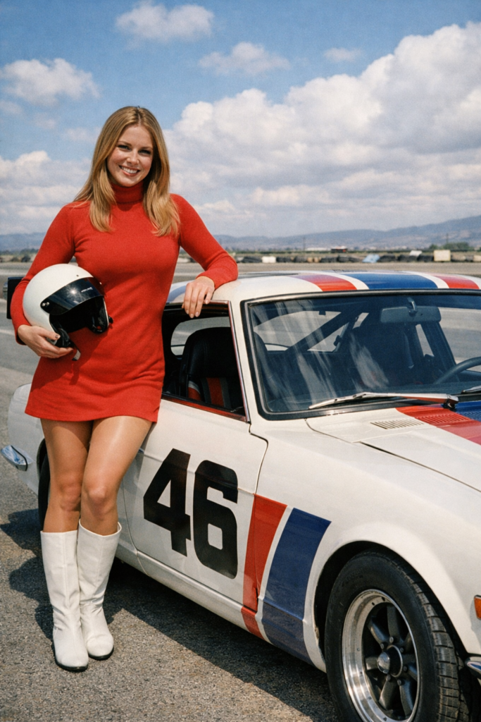 Mulher e carro de corrida clássico