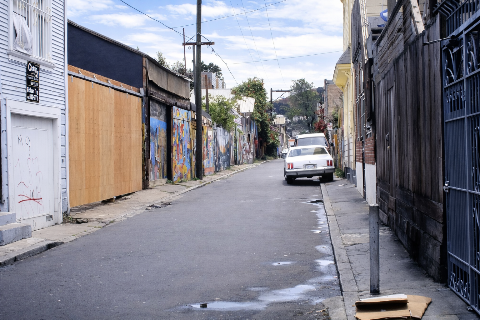 Alameda com murais e carros estacionados