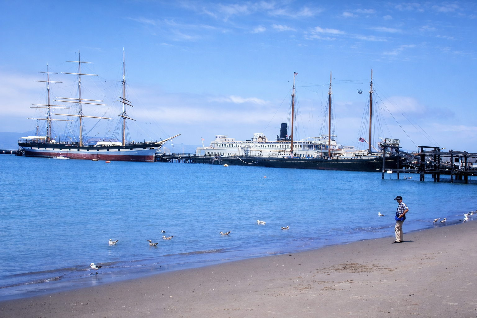 Homem na praia com navios históricos