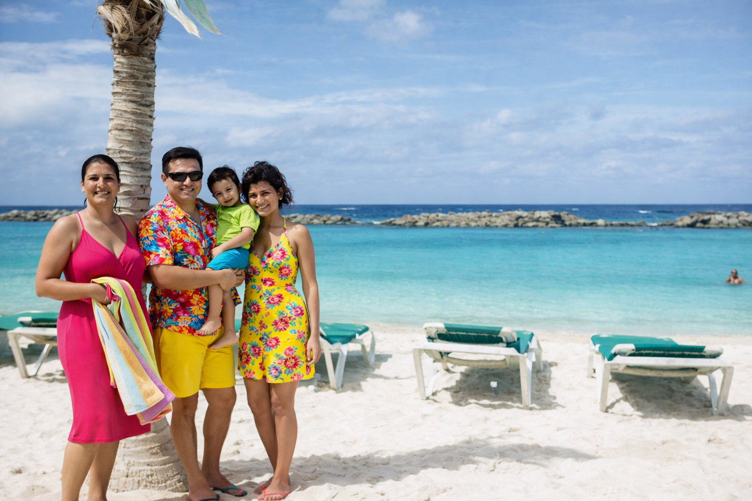 Família na praia tropical ao sol