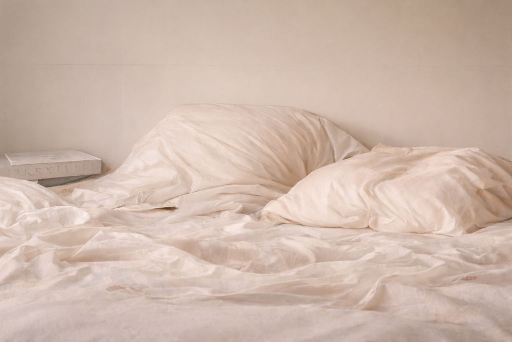 Almofadas amassadas e cama desfeita