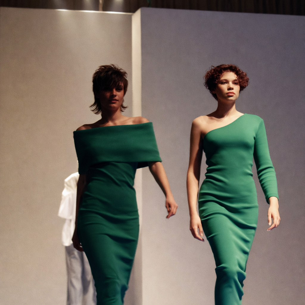 Modelos em vestidos verde desfilam confiantemente