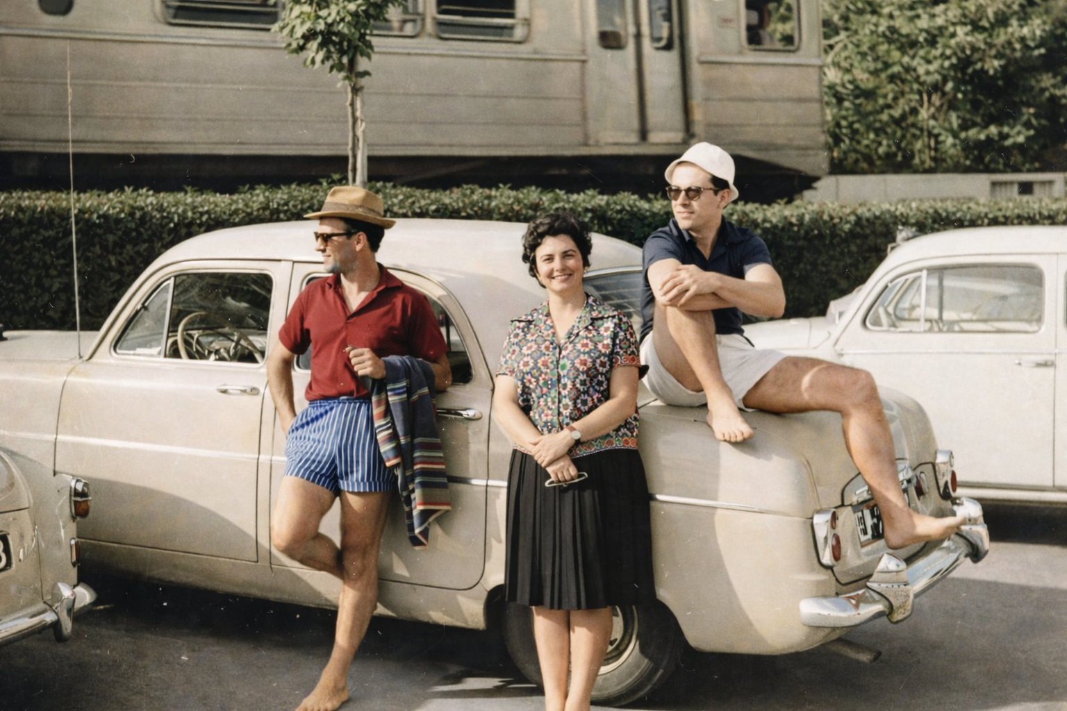 Retrato vintage com caravana e trem