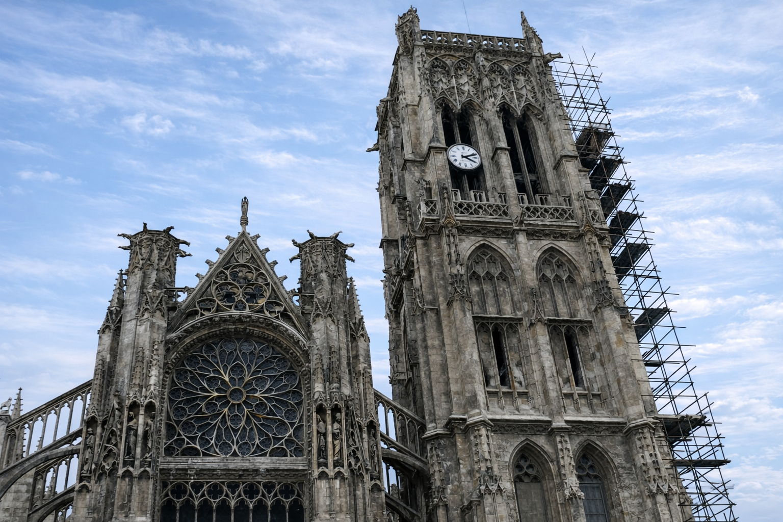Catedral gótica com andaimes e relógio