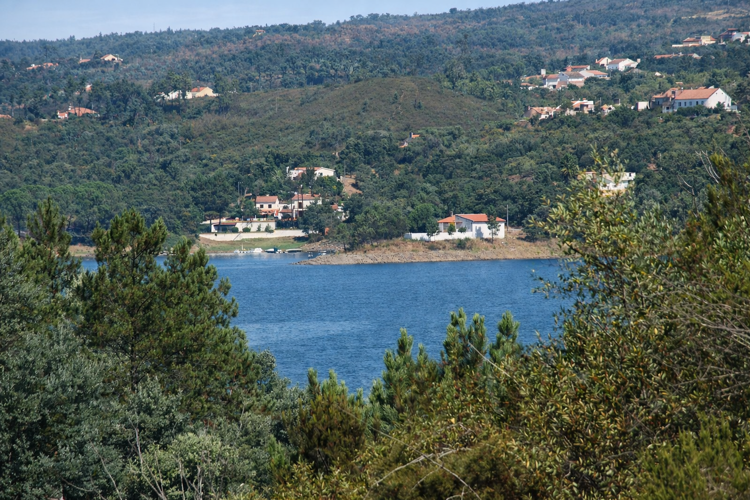 Lago tranquilo e casas à vista
