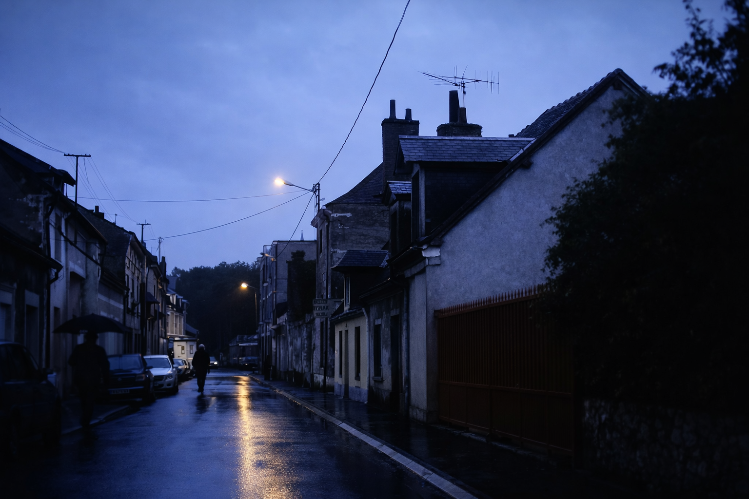Rua tranquila ao entardecer chuvoso
