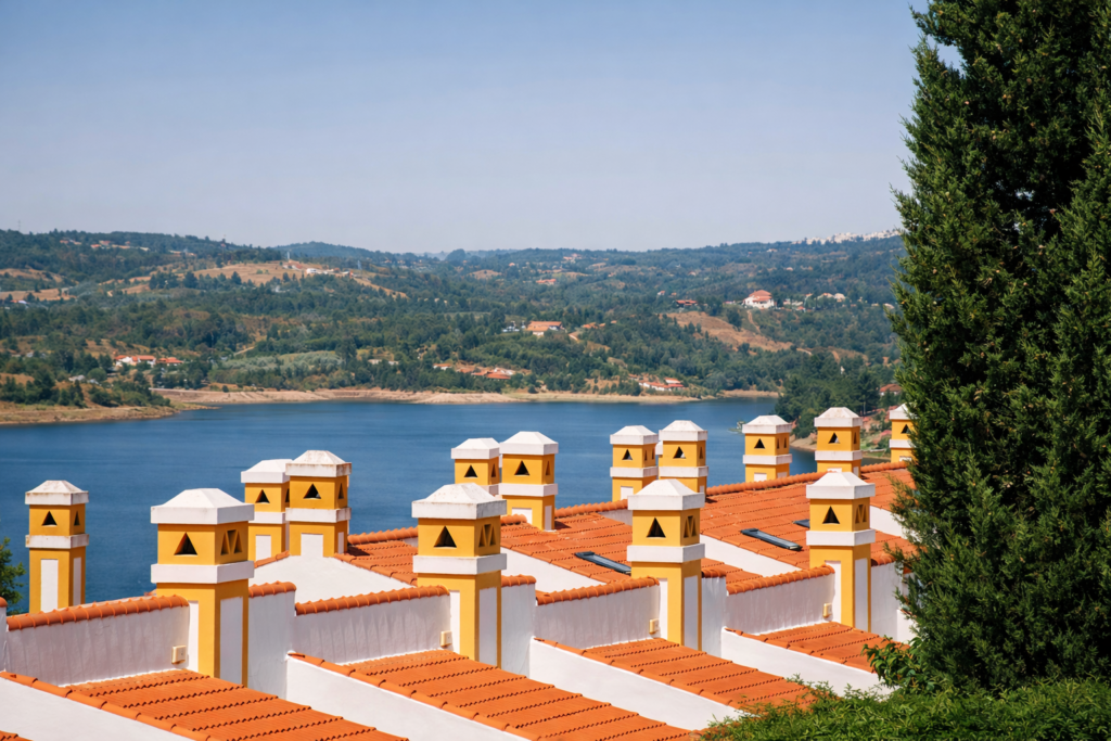 Chaminés e paisagem serena à beira-mar