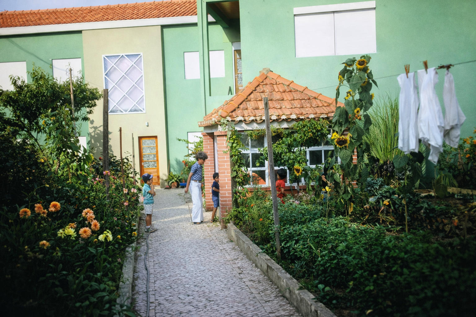 Jardim tranquilo com família e flores