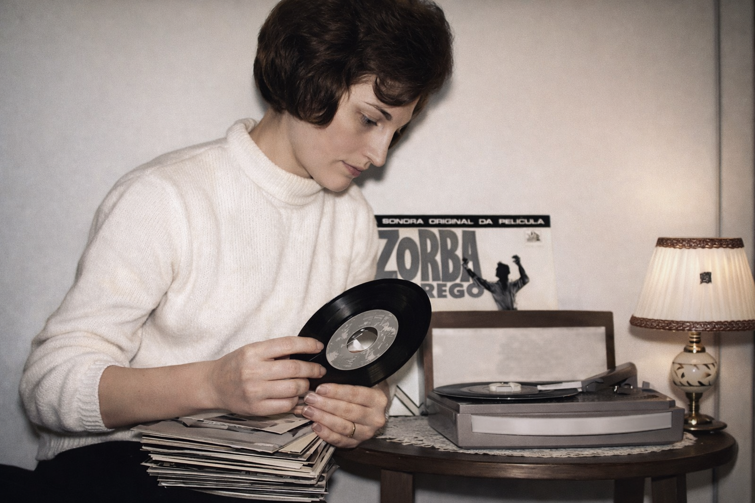 Mulher a escolher vinil em ambiente vintage