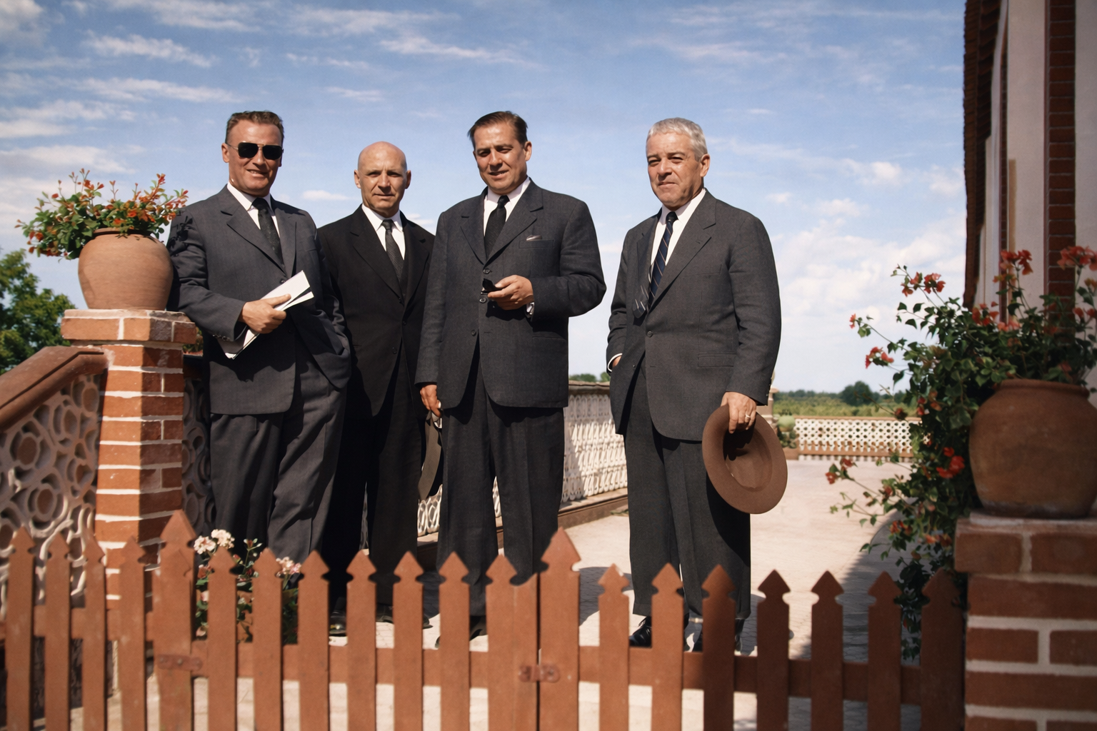 Homens em traje formal com jardim