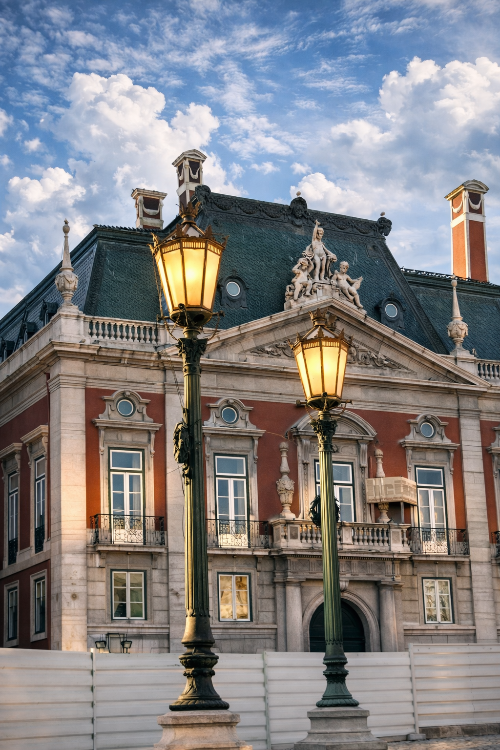 Edifício imponente e postes de luz