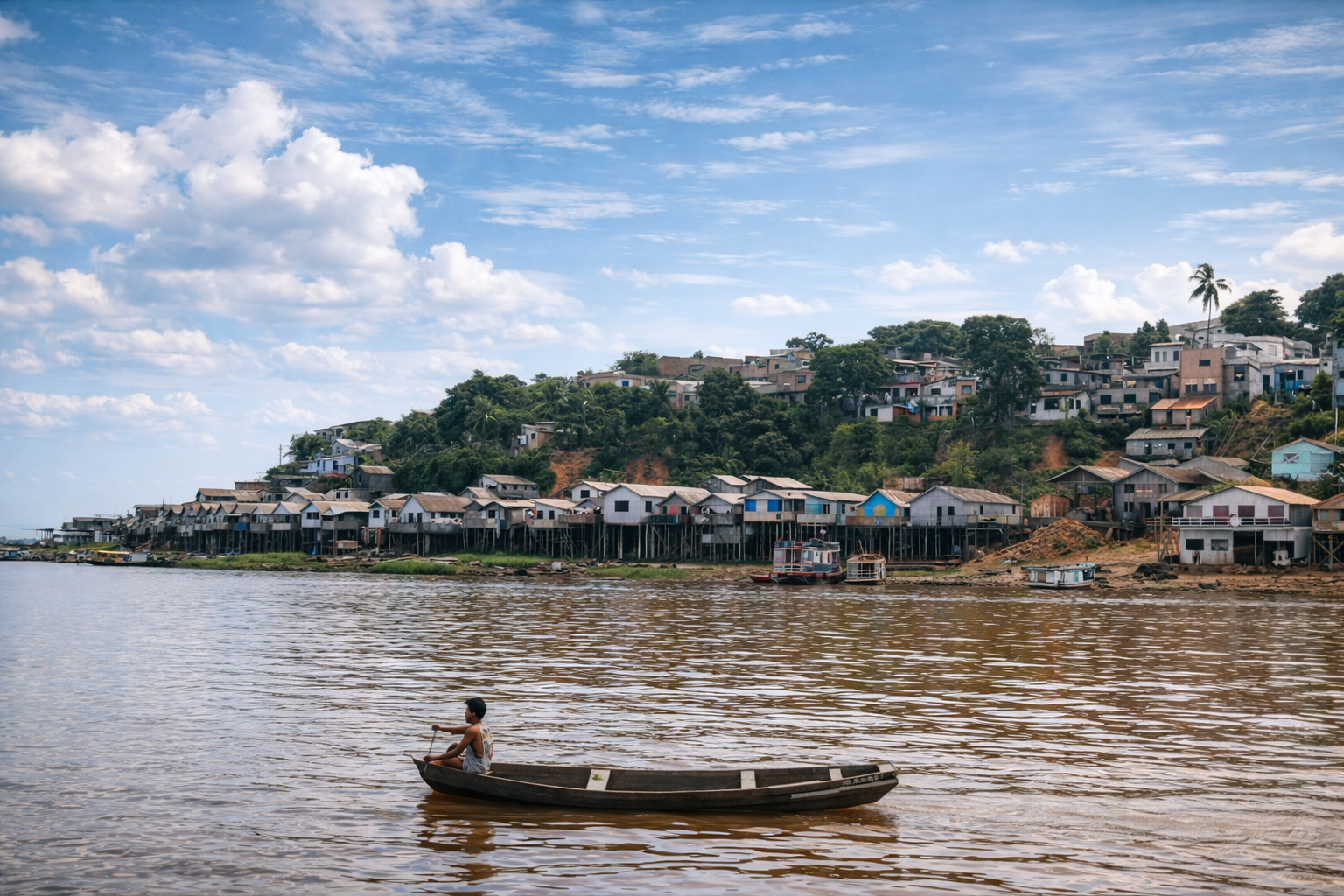 Homem no canoa e casas sobre palafitas