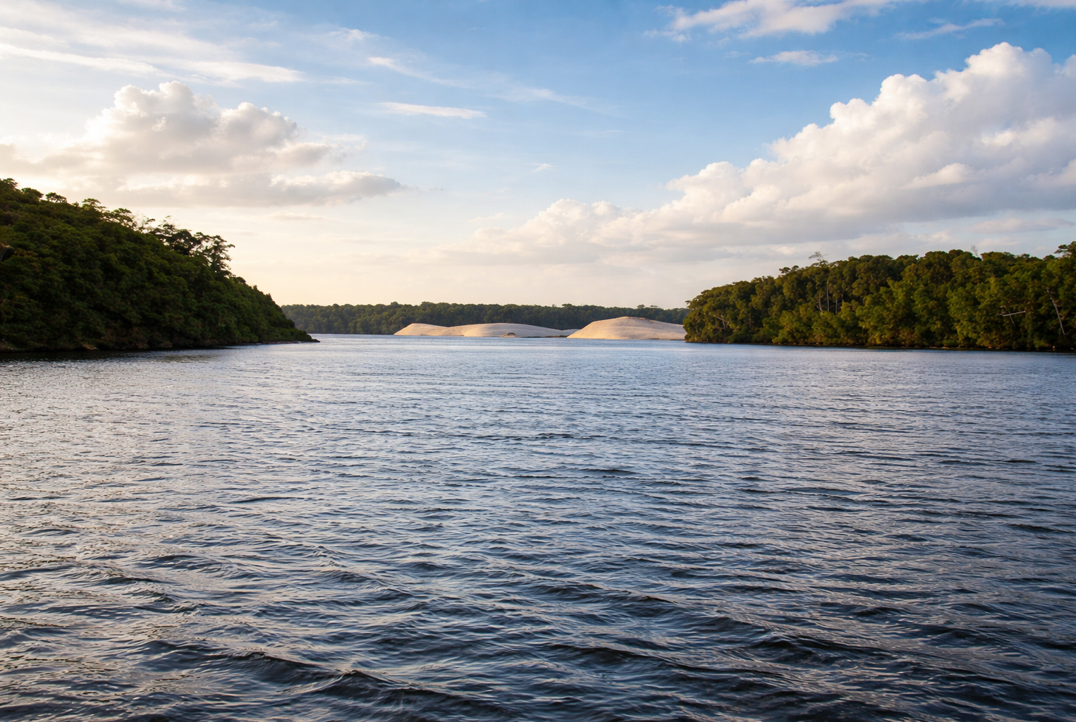 Rio sereno entre dunas e floresta