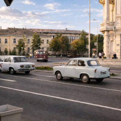 Rua urbana com carros vintage
