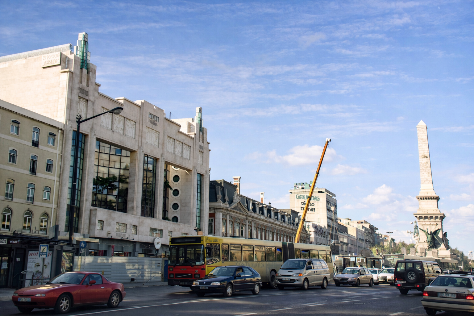 Rua movimentada com edifícios e monumento