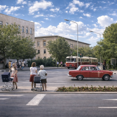 Cena urbana vintage com transeuntes