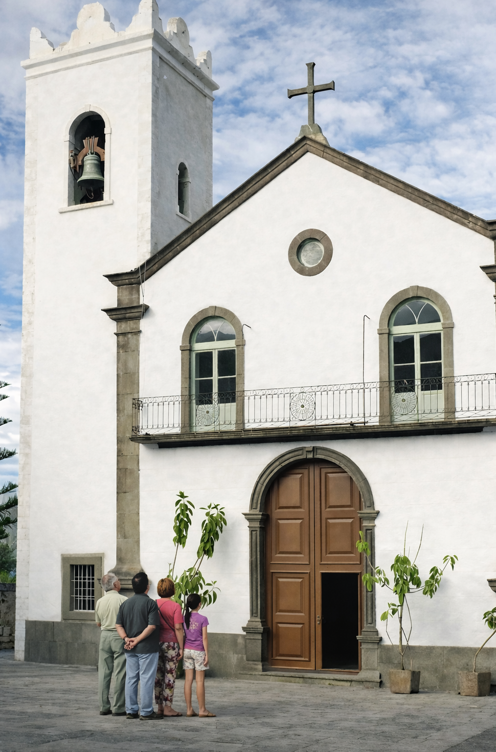 Igreja branca com torre e pessoas
