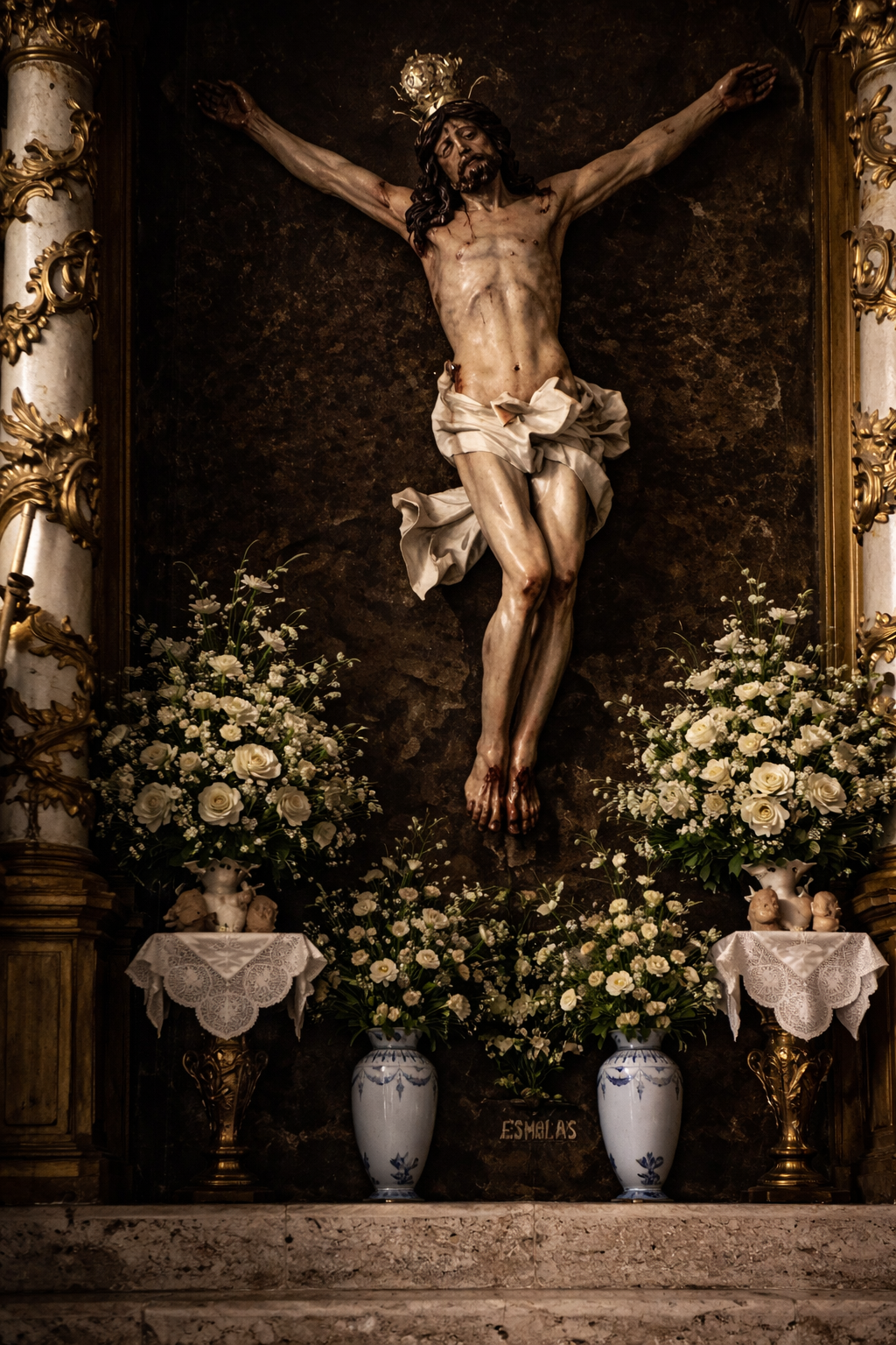 Estátua de Jesus na cruz com flores