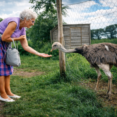 Mulher alimentando avestruz no jardim zoológico