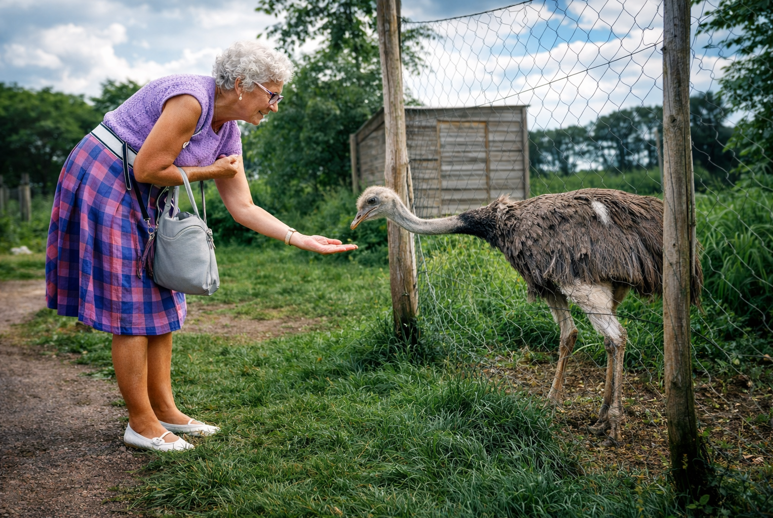 Mulher alimentando avestruz no jardim zoológico