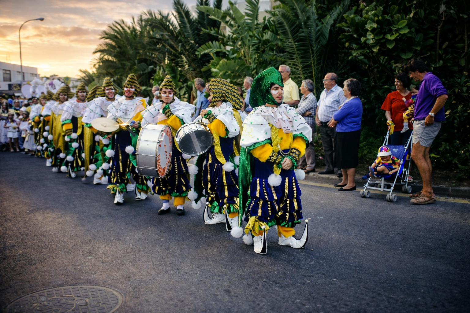 Desfile de músicos com trajes coloridos