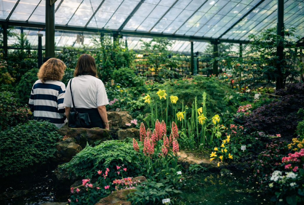 Mulheres observando o jardim no estufa
