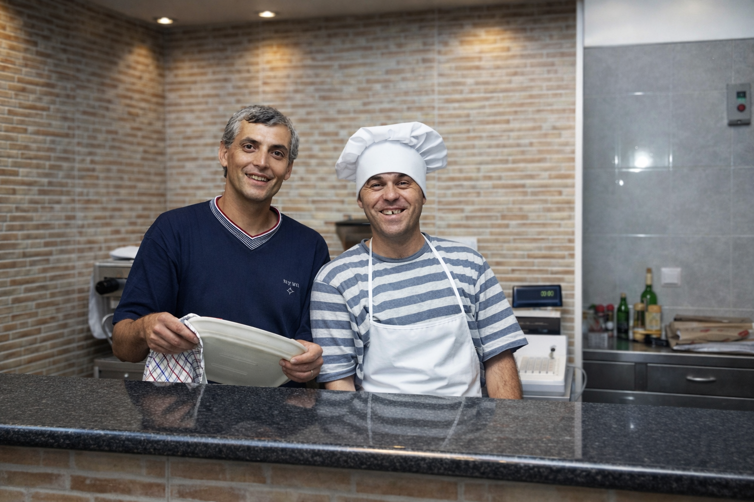 Sorriso de dois amigos na cozinha