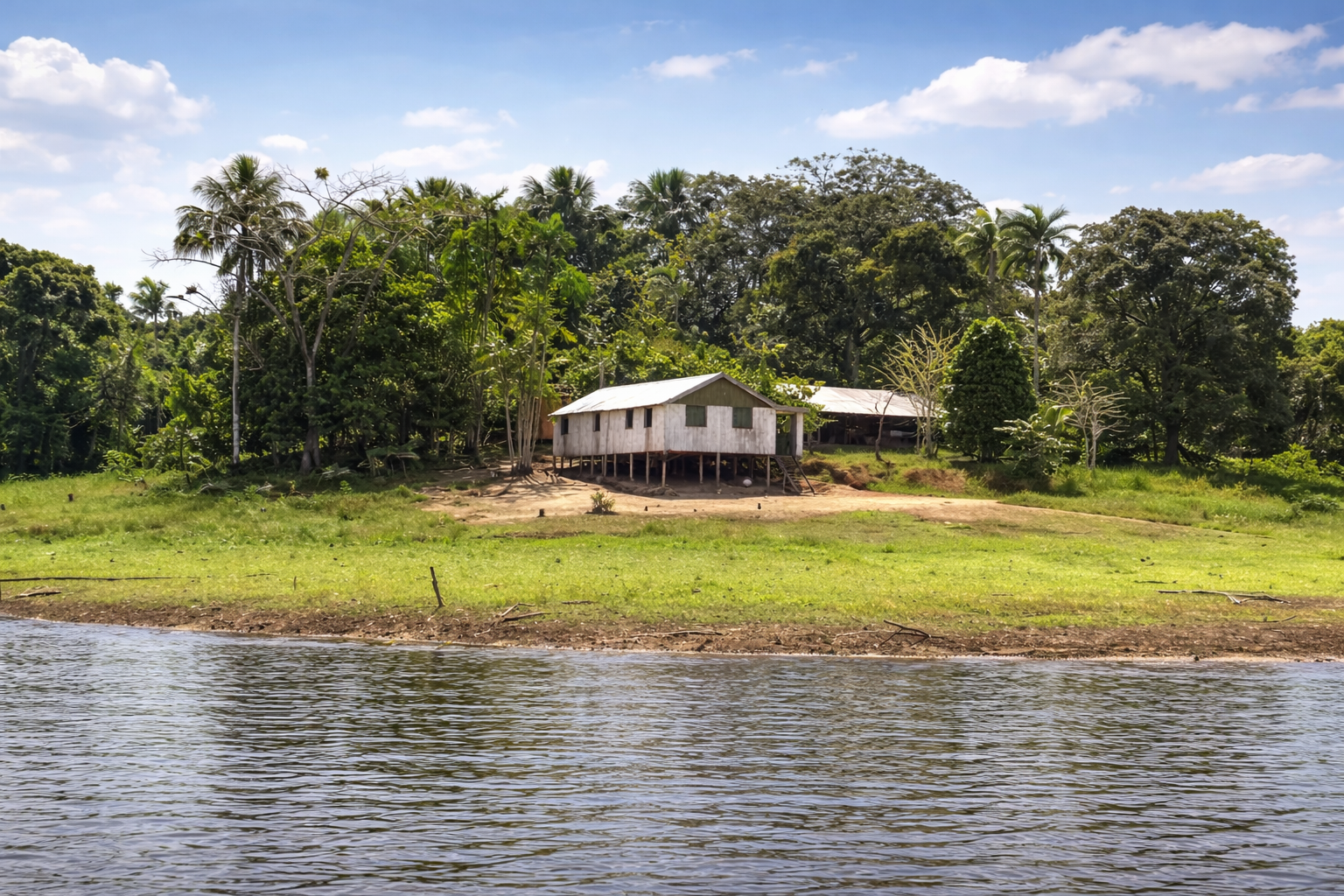 Casa ribeirinha em meio à floresta