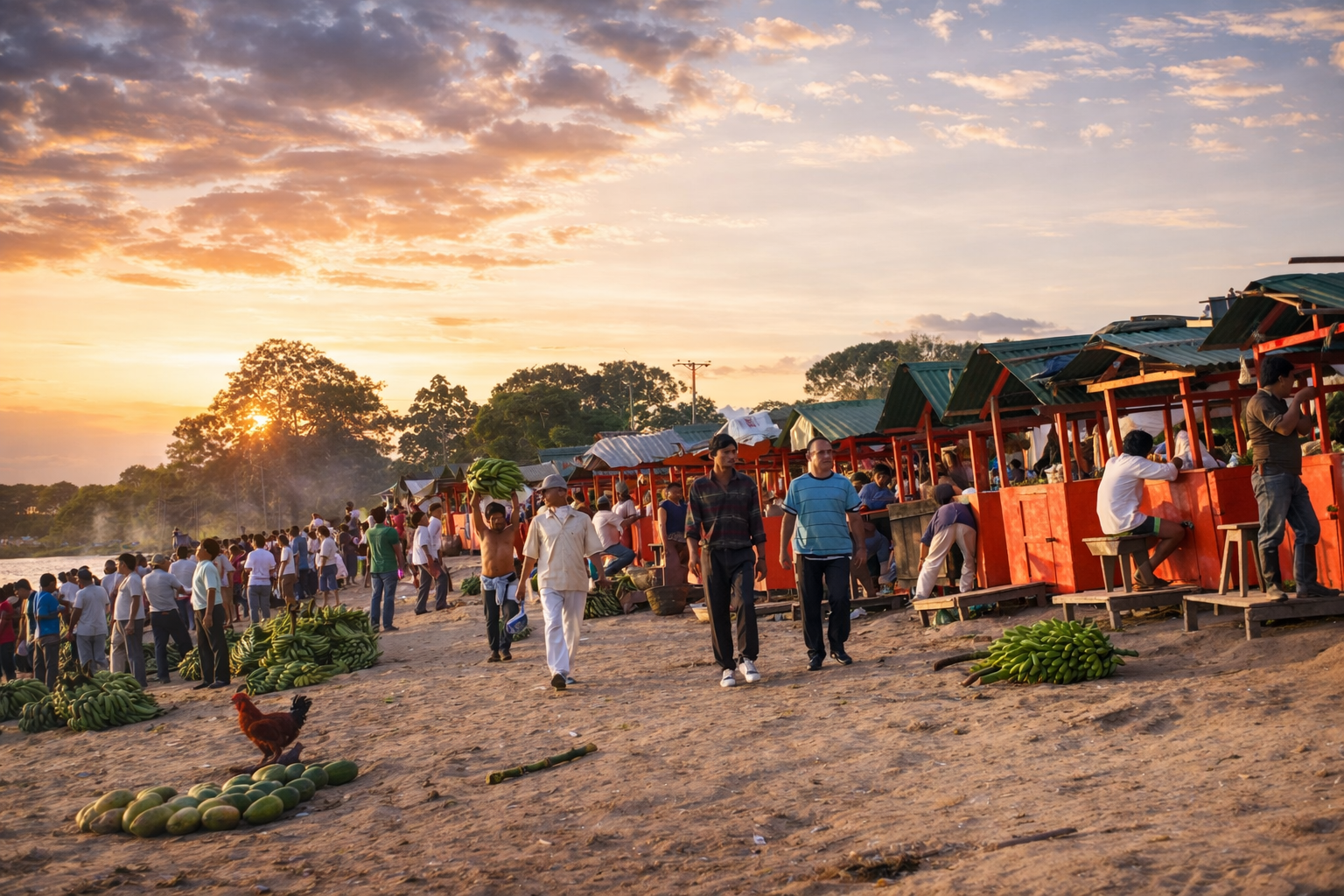 Mercado à beira do rio ao pôr do sol