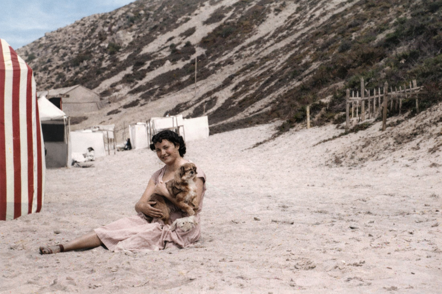 Mulher e cachorro na praia