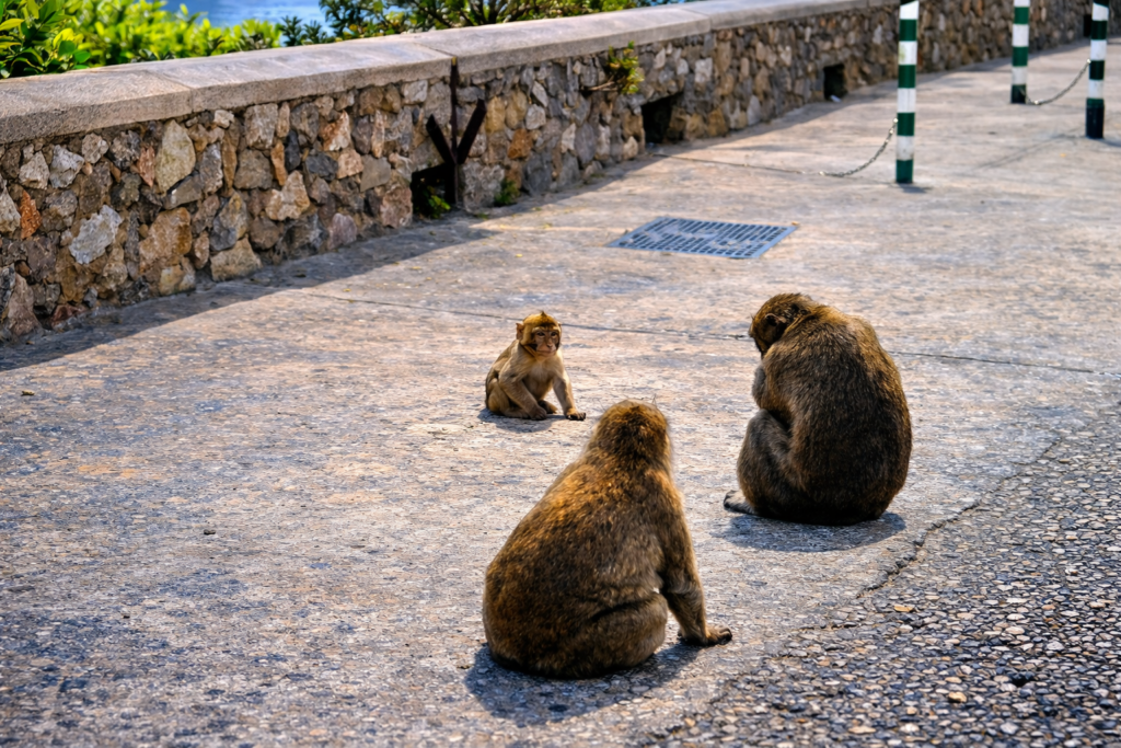Macacos à beira-mar com visitantes humanos