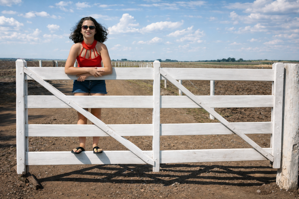 Mulher jovem no portão de madeira