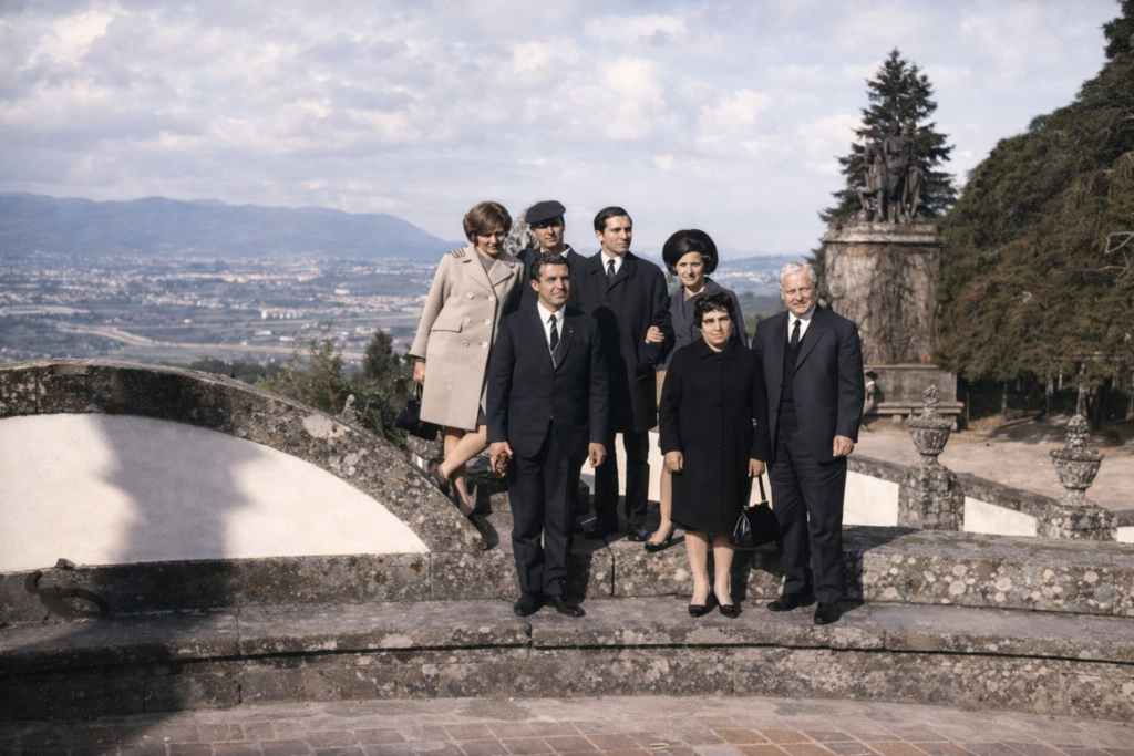 Retrato de grupo em terraço histórico