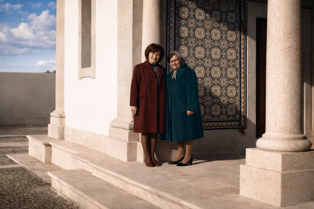 Mulheres sorrindo em frente a um edifício clássico