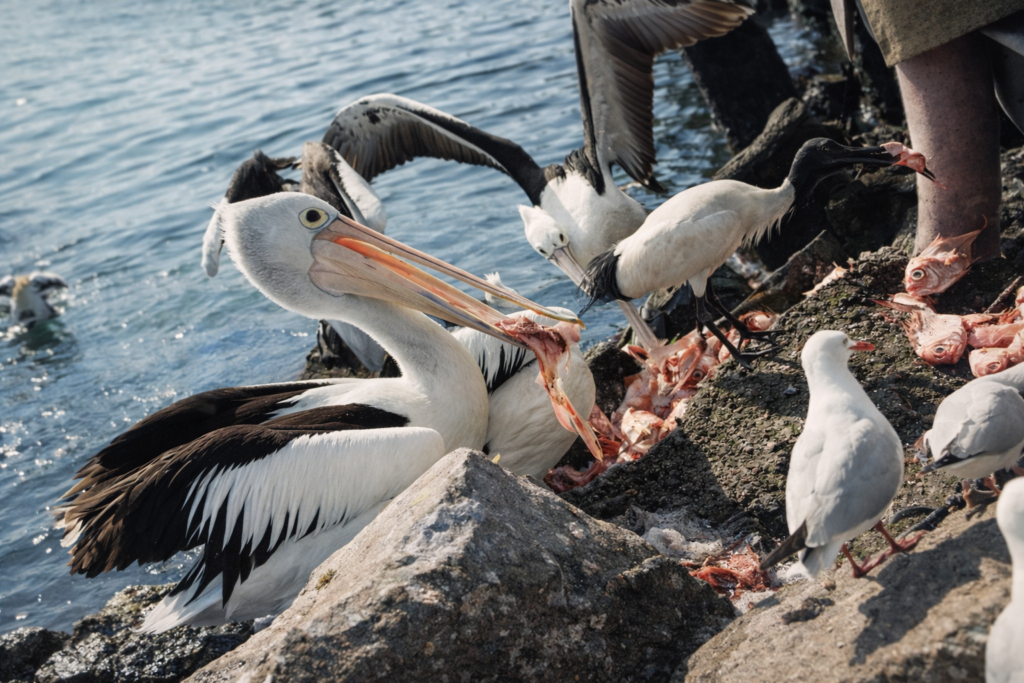 Pelicano e aves marinhas à beira-mar