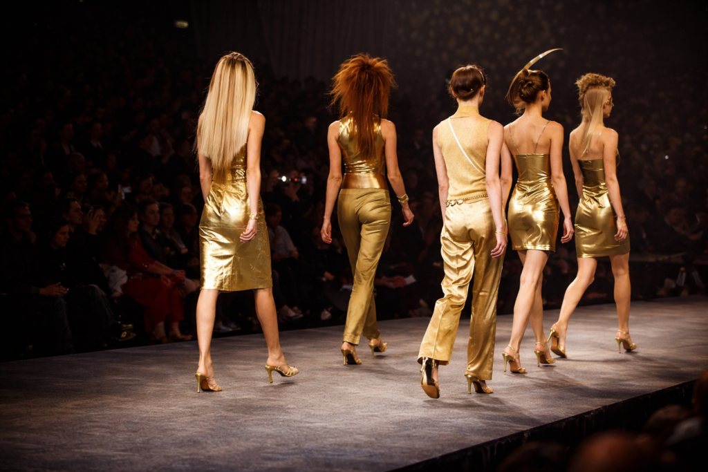 Desfile de alta-costura dourado