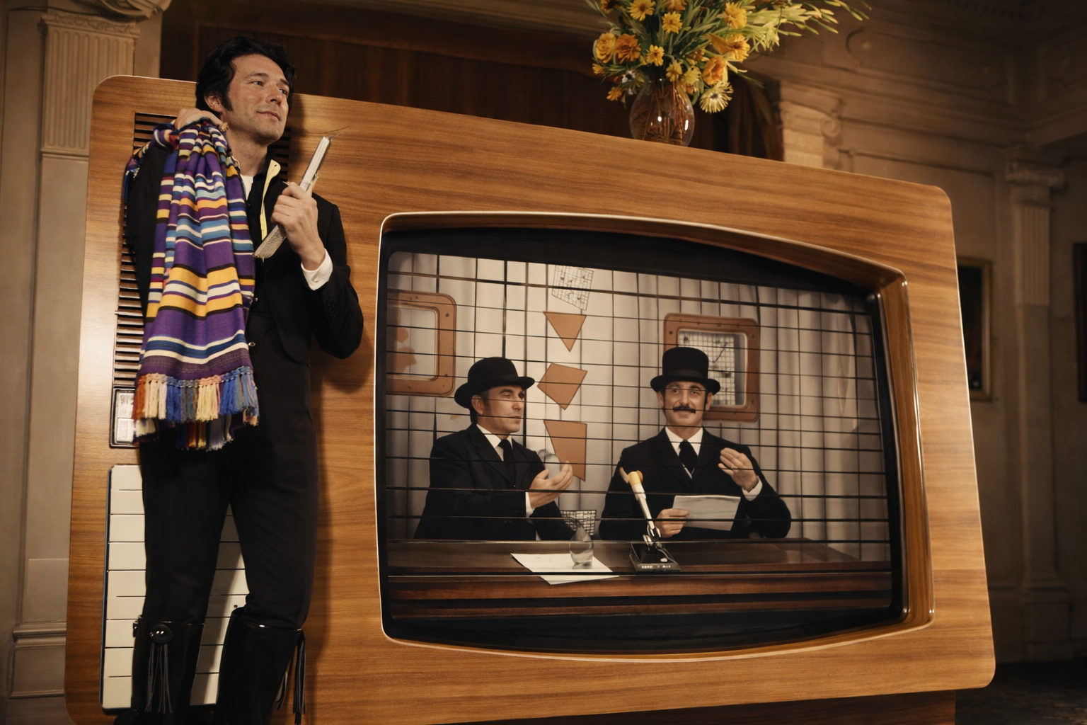 Homem do lenço colorido e televisão vintage