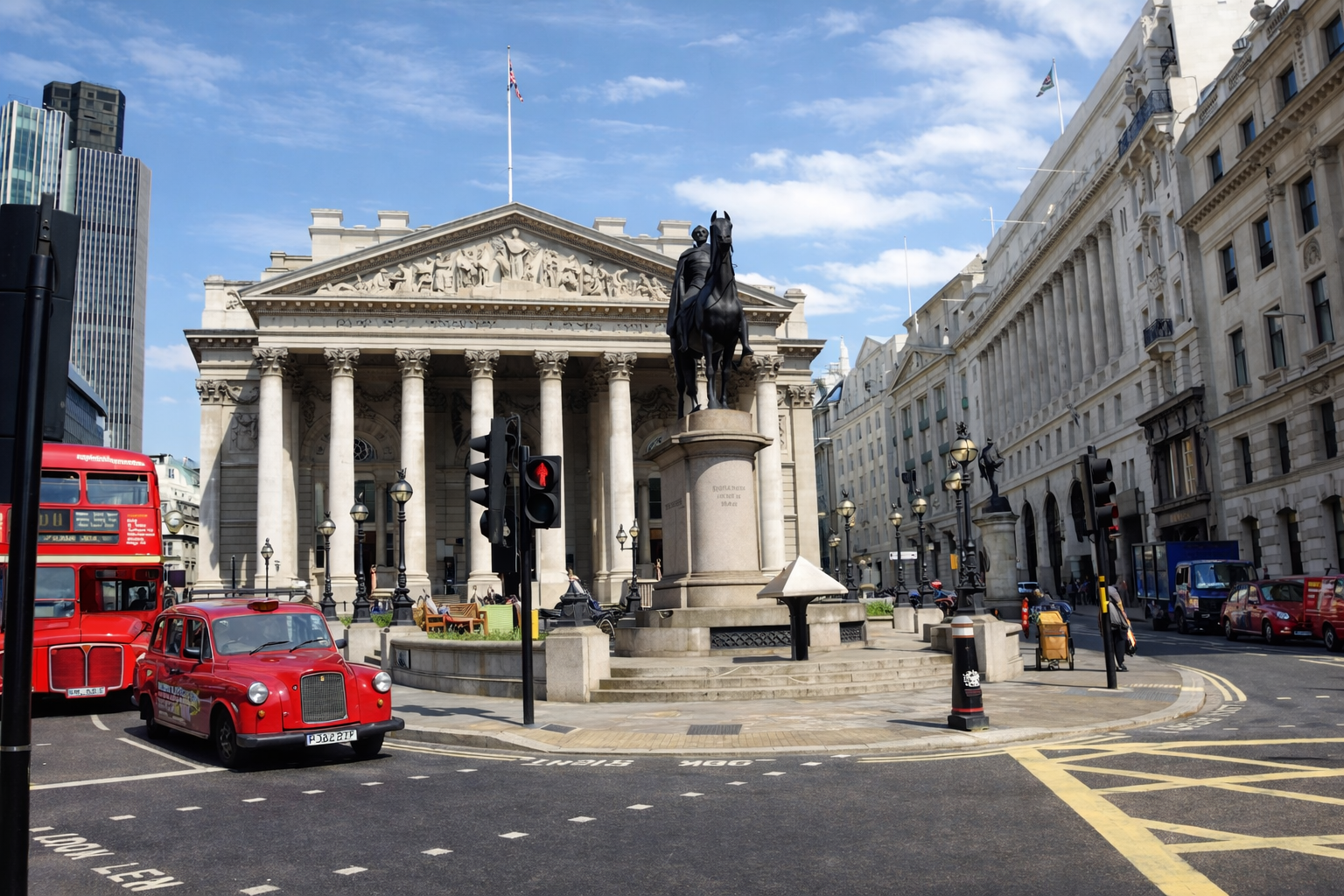 Rua financeira de Londres com monumentos
