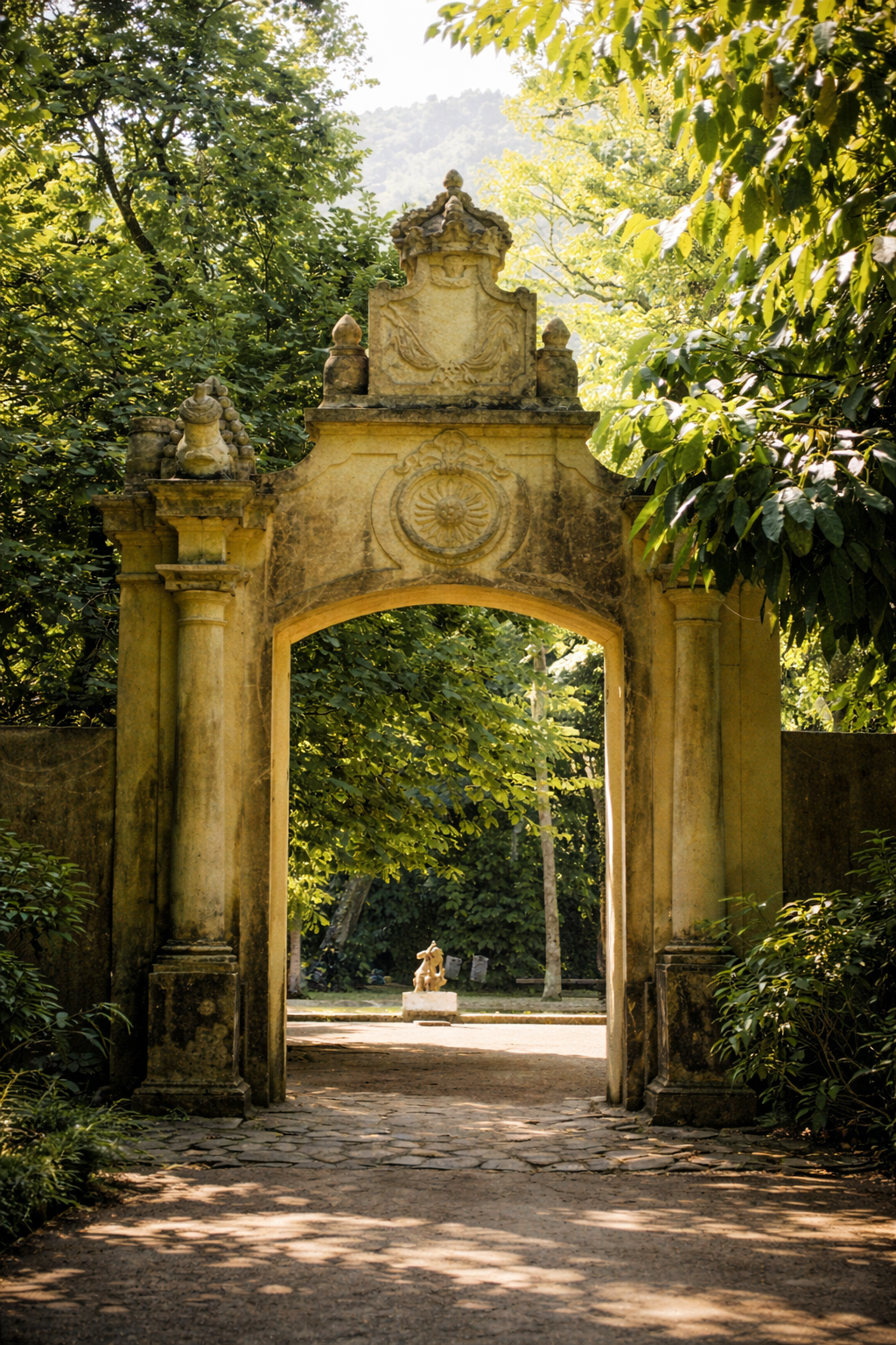 Arco barroco em jardim exuberante
