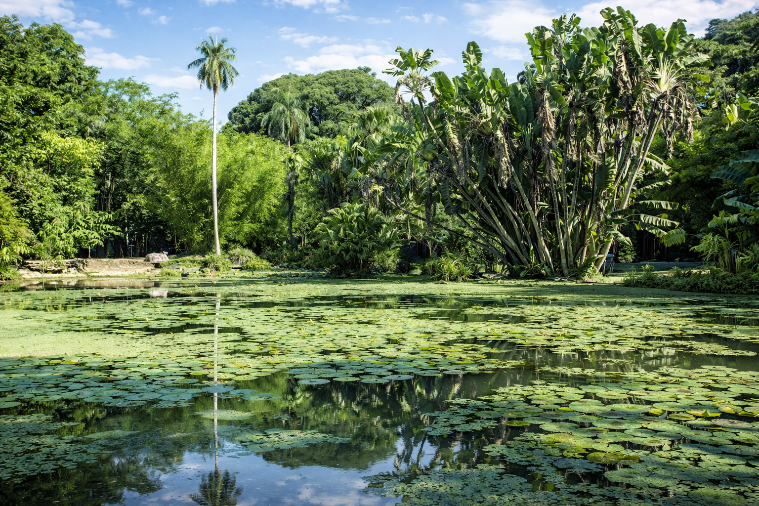 Jardim tropical com lótus e palmeira