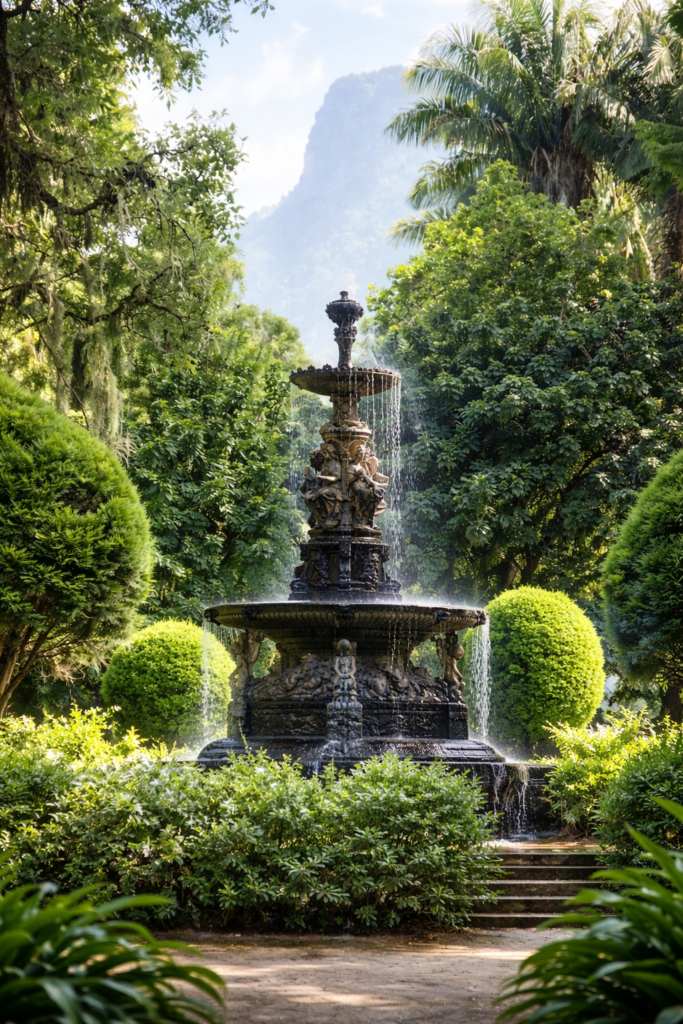 Fonte ornamentada em jardim tropical