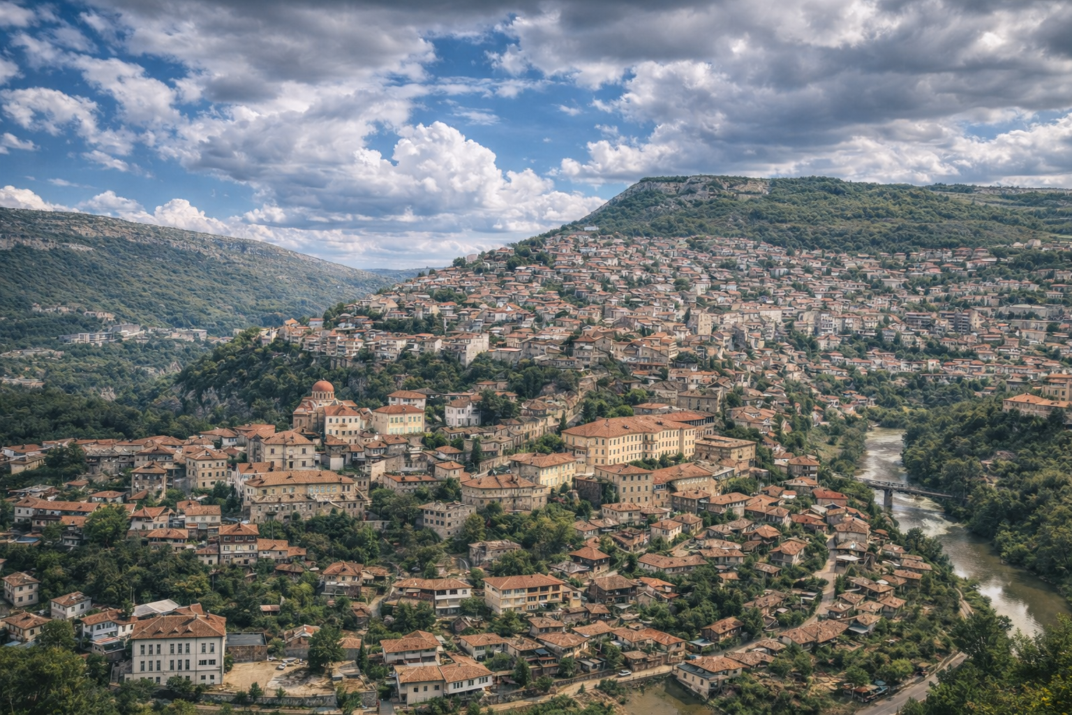 Aldeia encosta com ponte de pedra