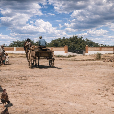 Corte rural com carroça e animais